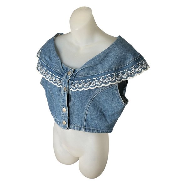 Tops - Steffano International Boho Vintage Denim Vest On Shoulder Top Cropped Large